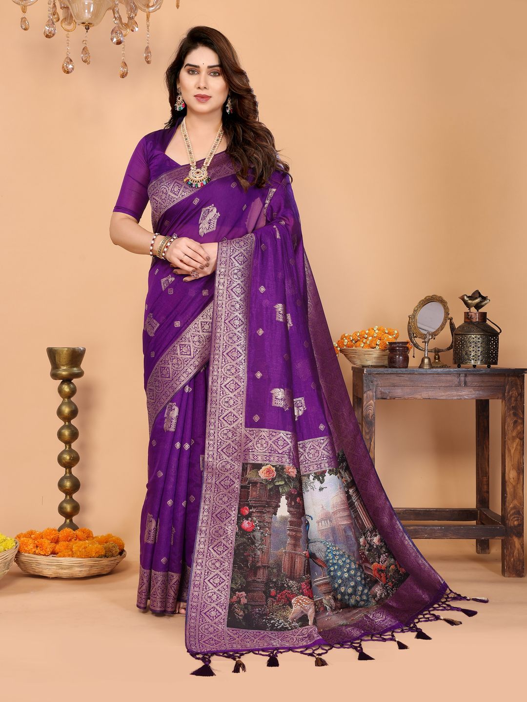 Royal Purple Banarasi Silk Saree with Peacock Deer Pallu