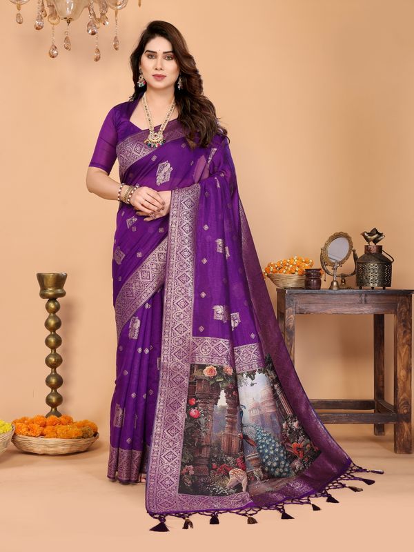 Royal Purple Banarasi Silk Saree with Peacock Deer Pallu