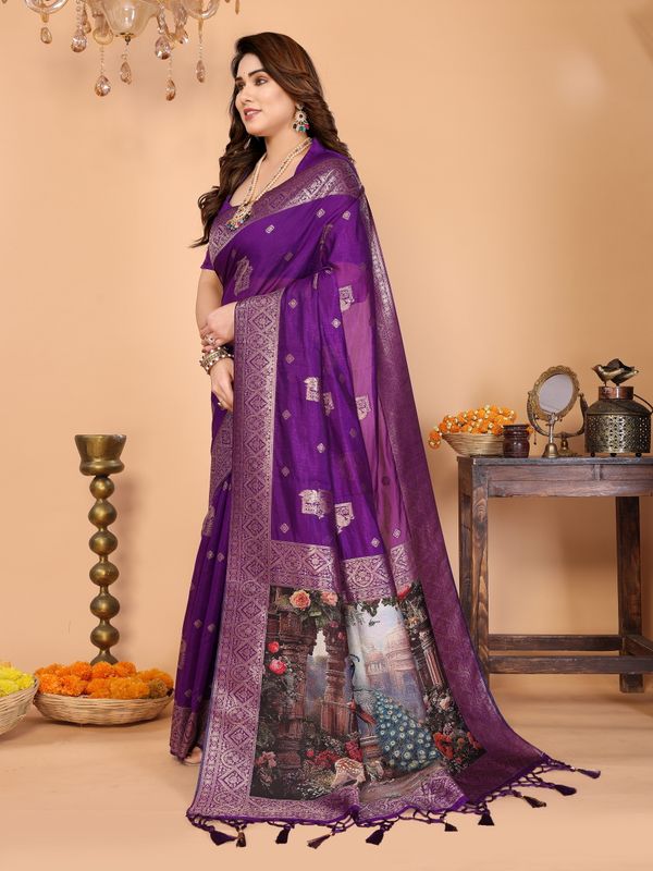 Royal Purple Banarasi Silk Saree with Peacock Deer Pallu