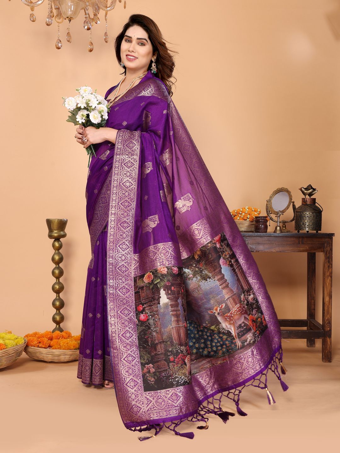 Royal Purple Banarasi Silk Saree with Peacock Deer Pallu