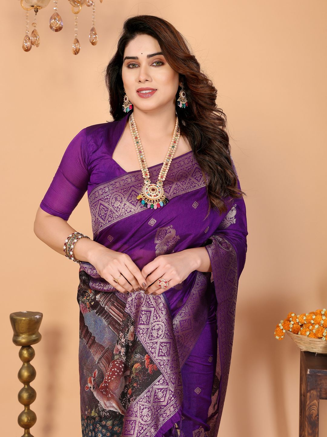 Royal Purple Banarasi Silk Saree with Peacock Deer Pallu