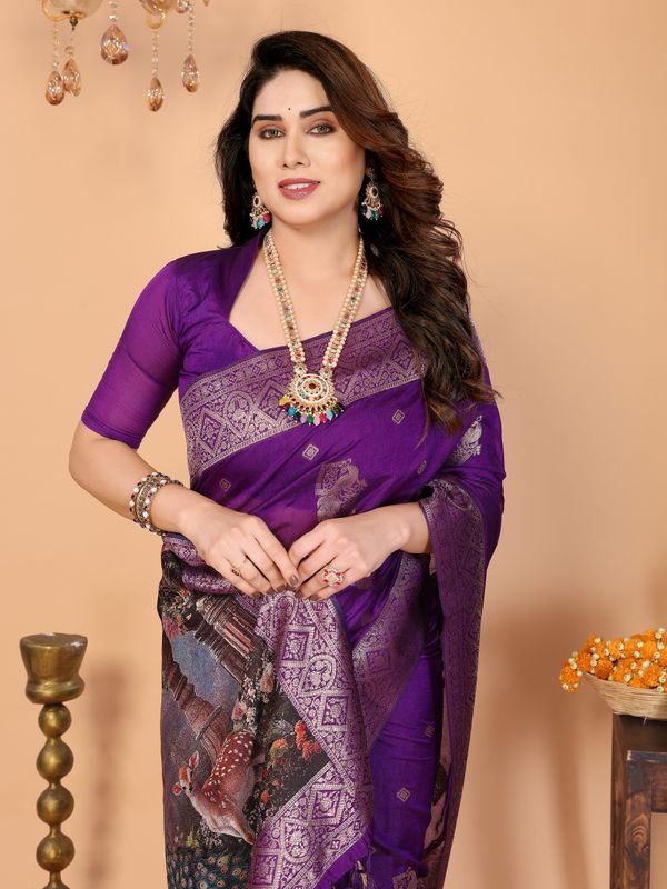 Royal Purple Banarasi Silk Saree with Peacock Deer Pallu