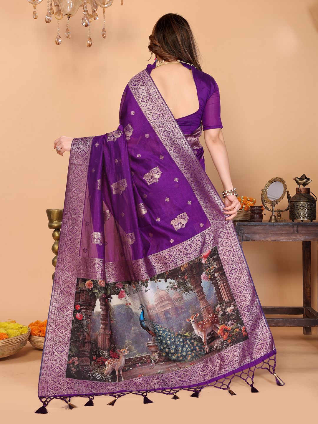 Royal Purple Banarasi Silk Saree with Peacock Deer Pallu