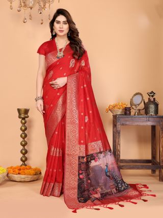 Crimson Red Banarasi Silk Saree with Peacock Deer Pallu