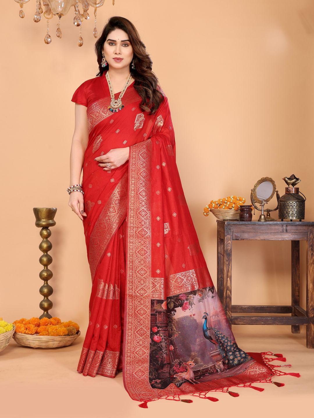 Crimson Red Banarasi Silk Saree with Peacock Deer Pallu
