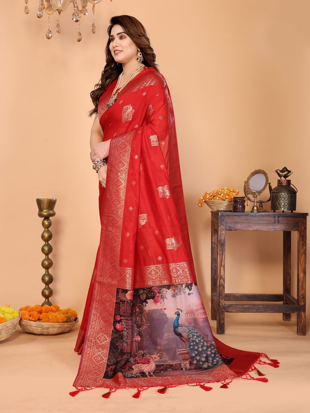Crimson Red Banarasi Silk Saree with Peacock Deer Pallu