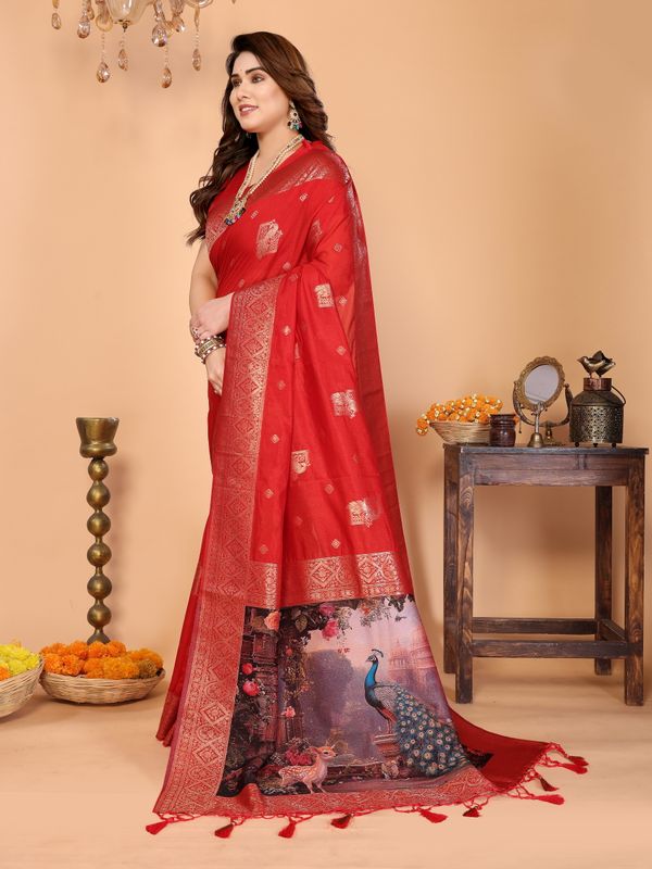 Crimson Red Banarasi Silk Saree with Peacock Deer Pallu