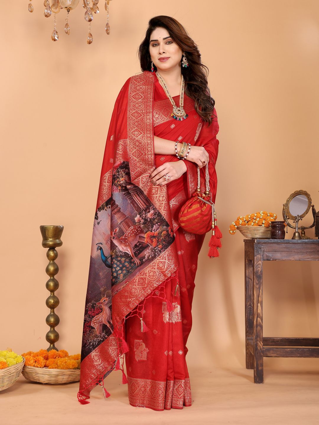 Crimson Red Banarasi Silk Saree with Peacock Deer Pallu