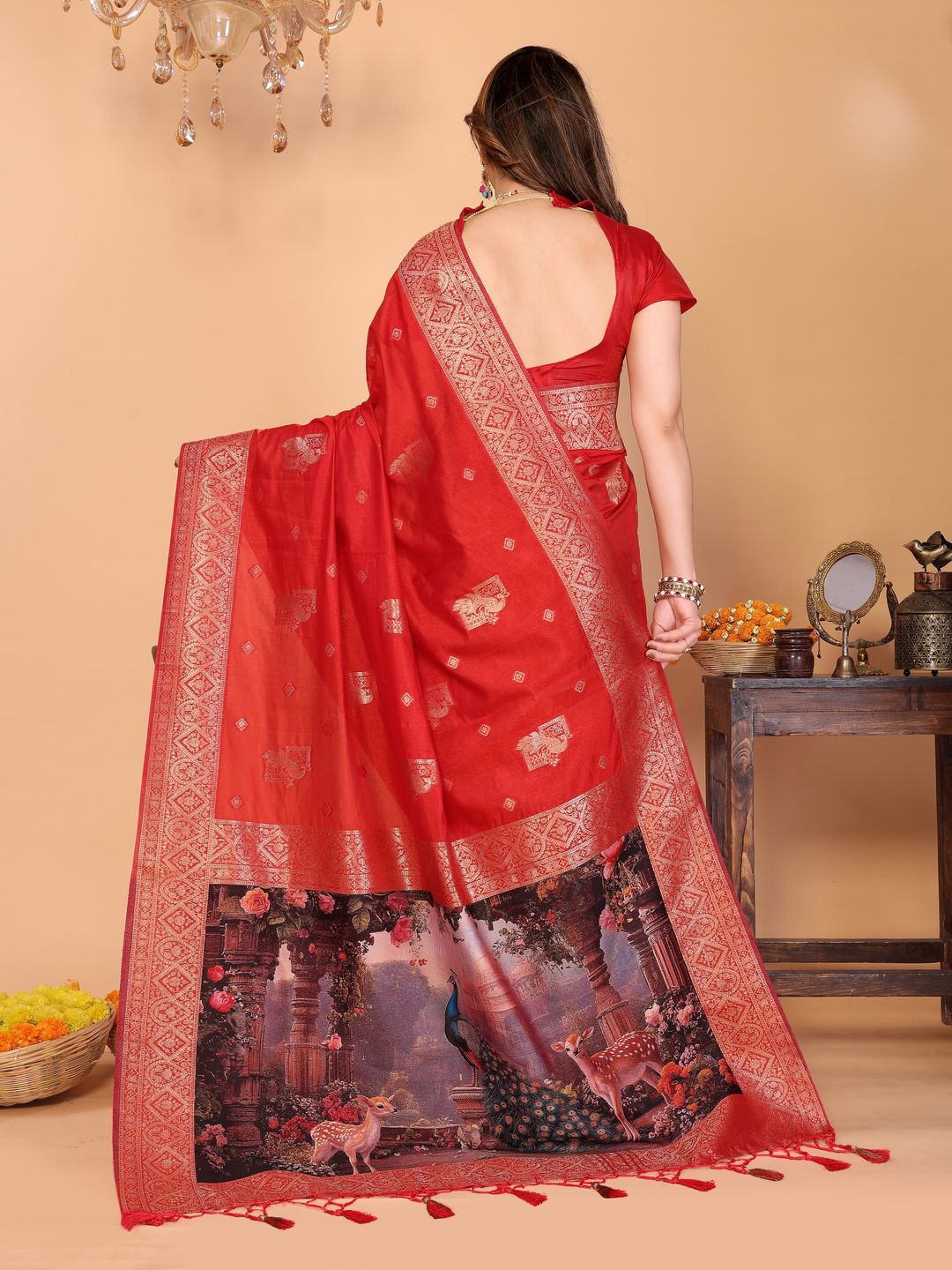 Crimson Red Banarasi Silk Saree with Peacock Deer Pallu