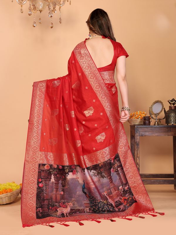 Crimson Red Banarasi Silk Saree with Peacock Deer Pallu