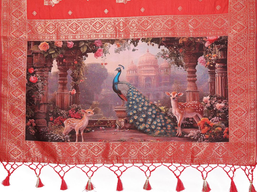 Crimson Red Banarasi Silk Saree with Peacock Deer Pallu