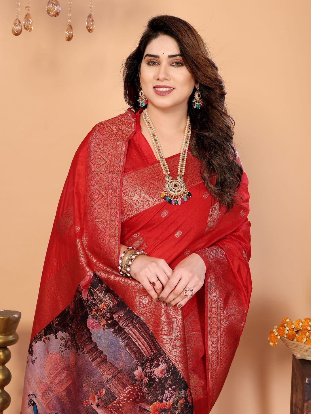 Crimson Red Banarasi Silk Saree with Peacock Deer Pallu