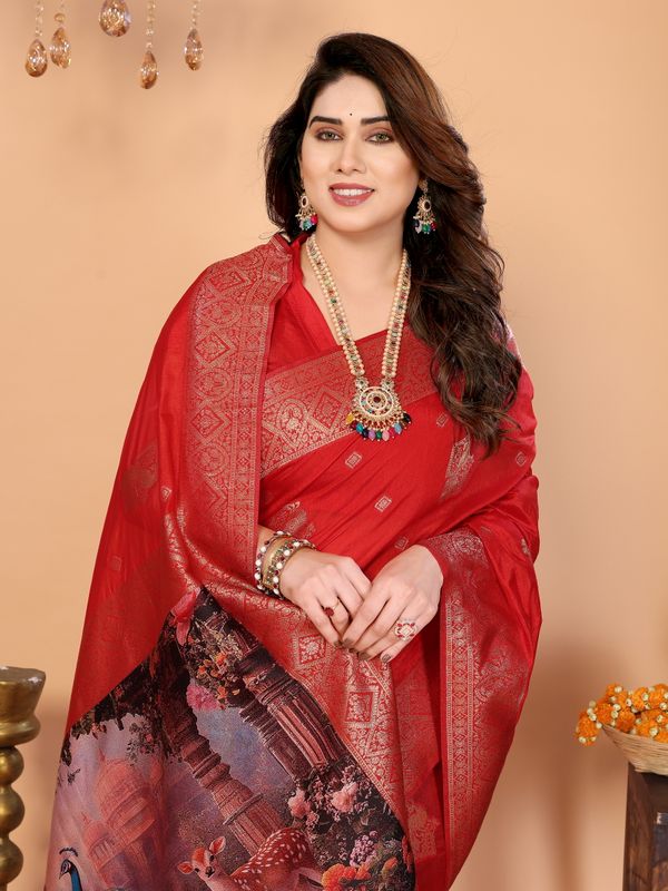 Crimson Red Banarasi Silk Saree with Peacock Deer Pallu