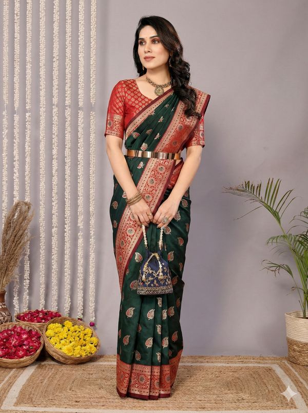 Emerald Green Banarasi Soft Silk Saree with Red Gold Zari Border