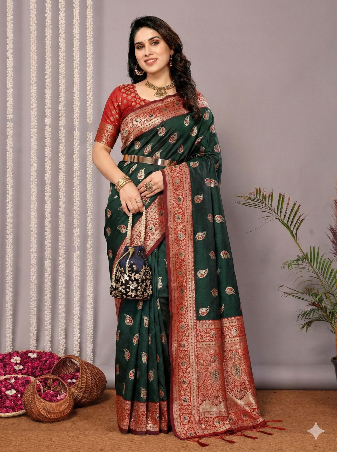 Emerald Green Banarasi Soft Silk Saree with Red Gold Zari Border