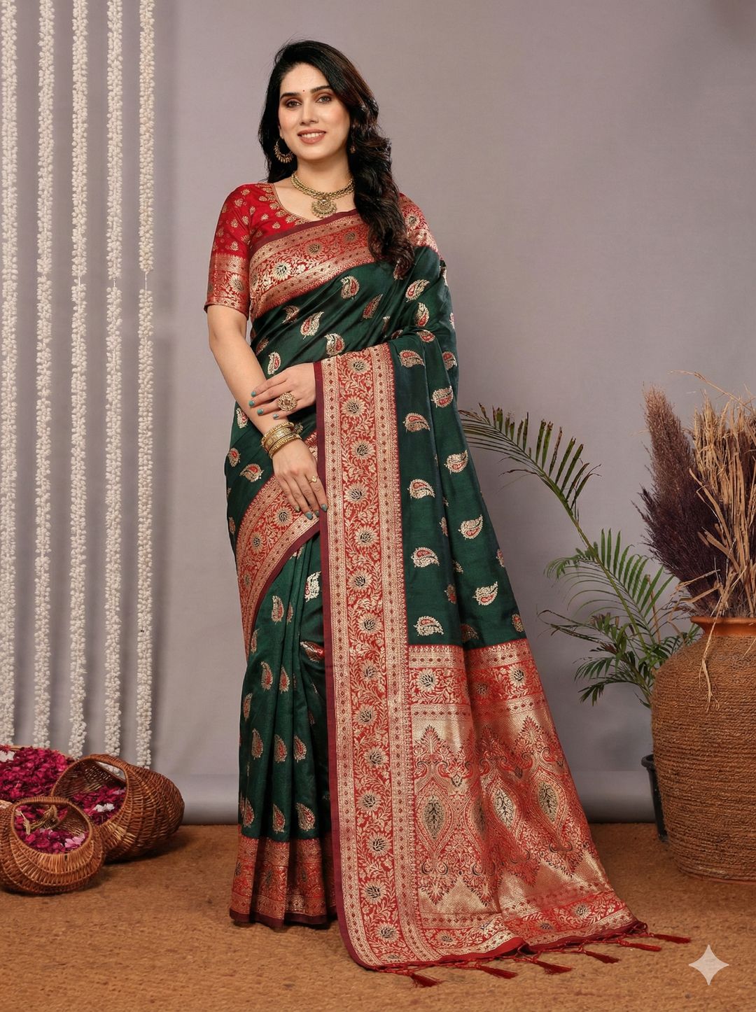 Emerald Green Banarasi Soft Silk Saree with Red Gold Zari Border