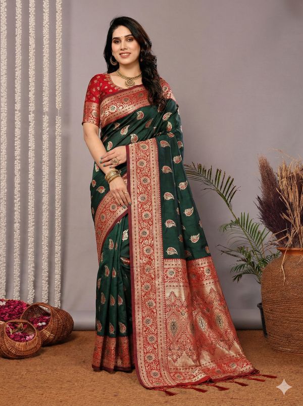 Emerald Green Banarasi Soft Silk Saree with Red Gold Zari Border