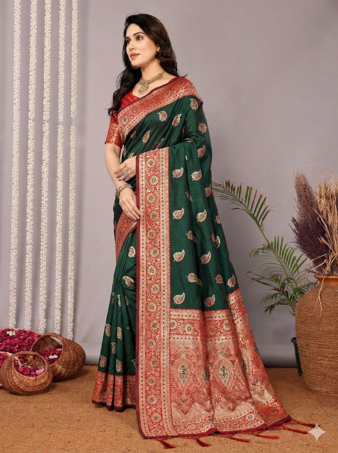 Emerald Green Banarasi Soft Silk Saree with Red Gold Zari Border