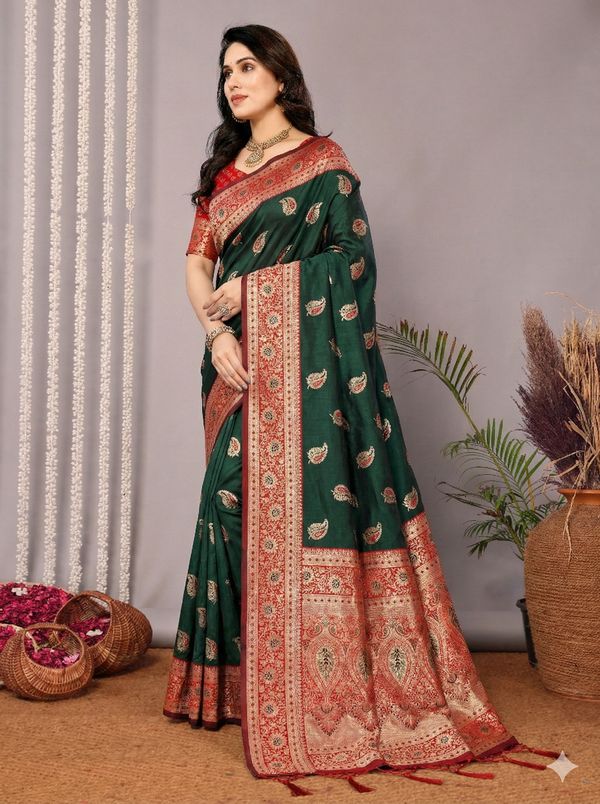 Emerald Green Banarasi Soft Silk Saree with Red Gold Zari Border