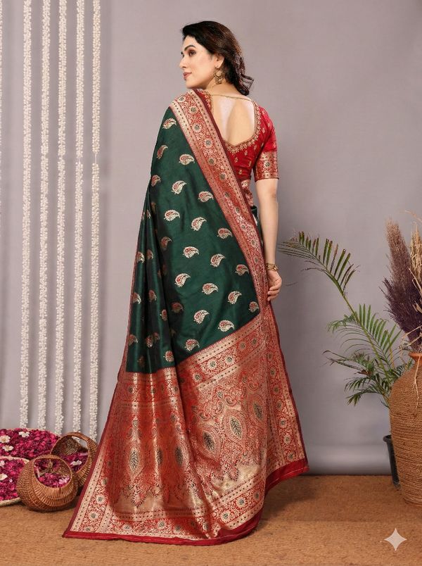 Emerald Green Banarasi Soft Silk Saree with Red Gold Zari Border