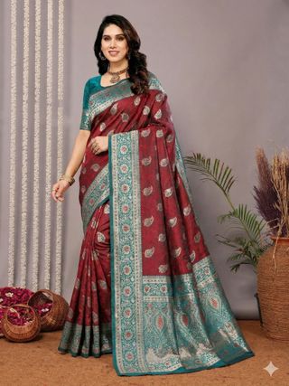 Wine Maroon Banarasi Soft Silk Saree with Teal Zari Border