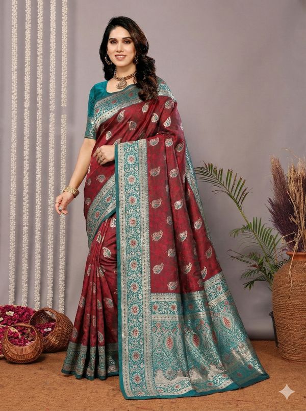 Wine Maroon Banarasi Soft Silk Saree with Teal Zari Border