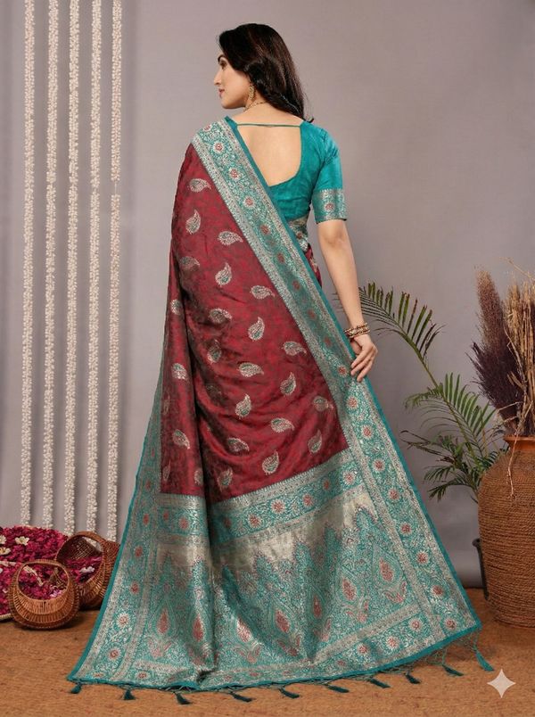 Wine Maroon Banarasi Soft Silk Saree with Teal Zari Border