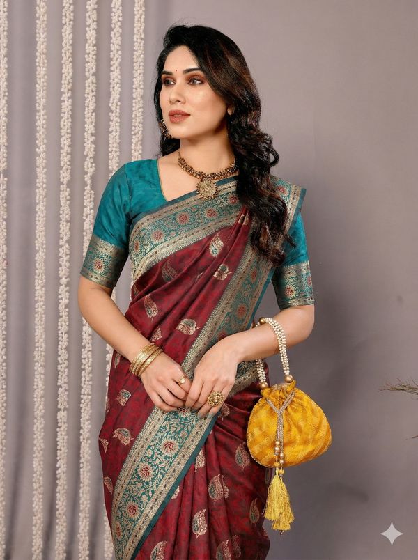 Wine Maroon Banarasi Soft Silk Saree with Teal Zari Border