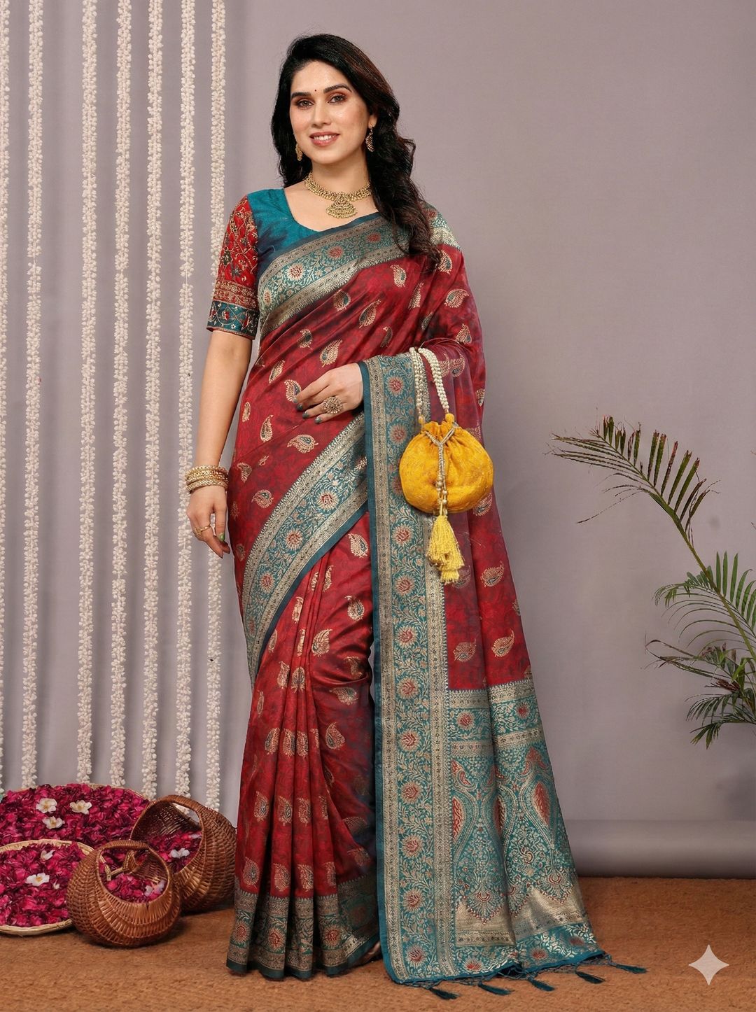 Wine Maroon Banarasi Soft Silk Saree with Teal Zari Border