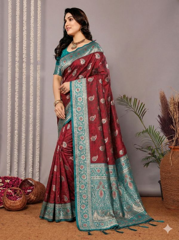 Wine Maroon Banarasi Soft Silk Saree with Teal Zari Border