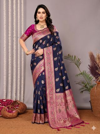 Navy Blue Banarasi Soft Silk Saree with Pink Gold Zari Border