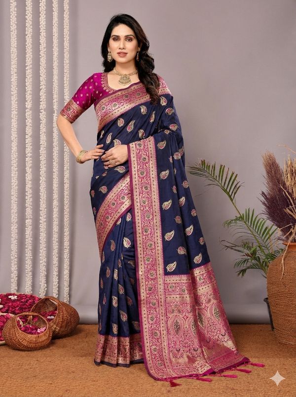 Navy Blue Banarasi Soft Silk Saree with Pink Gold Zari Border