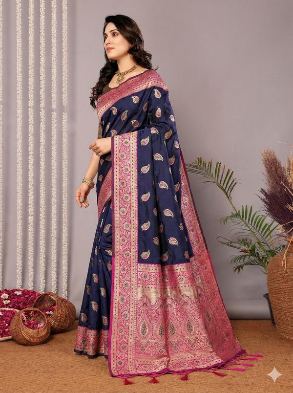 Navy Blue Banarasi Soft Silk Saree with Pink Gold Zari Border