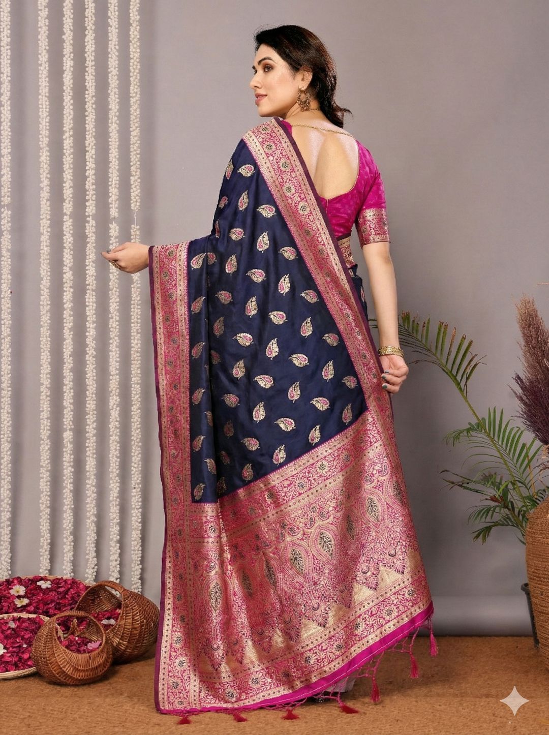 Navy Blue Banarasi Soft Silk Saree with Pink Gold Zari Border