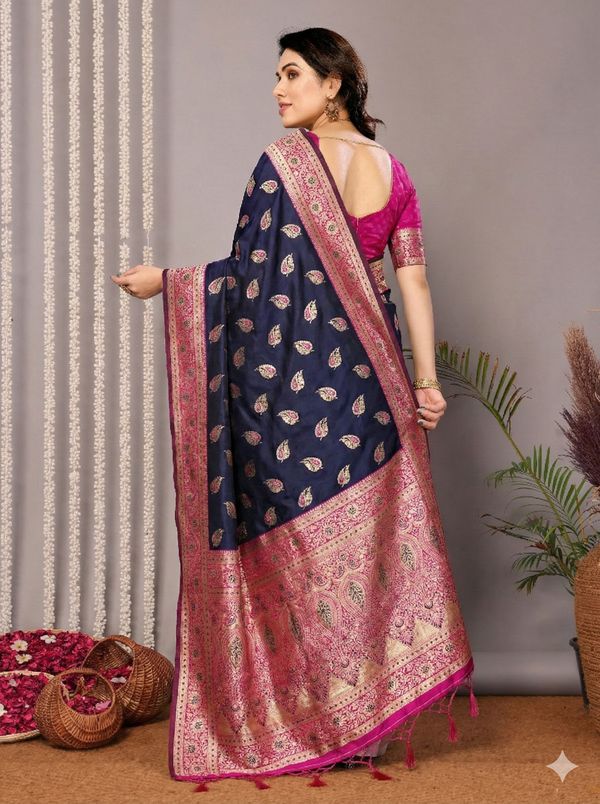 Navy Blue Banarasi Soft Silk Saree with Pink Gold Zari Border