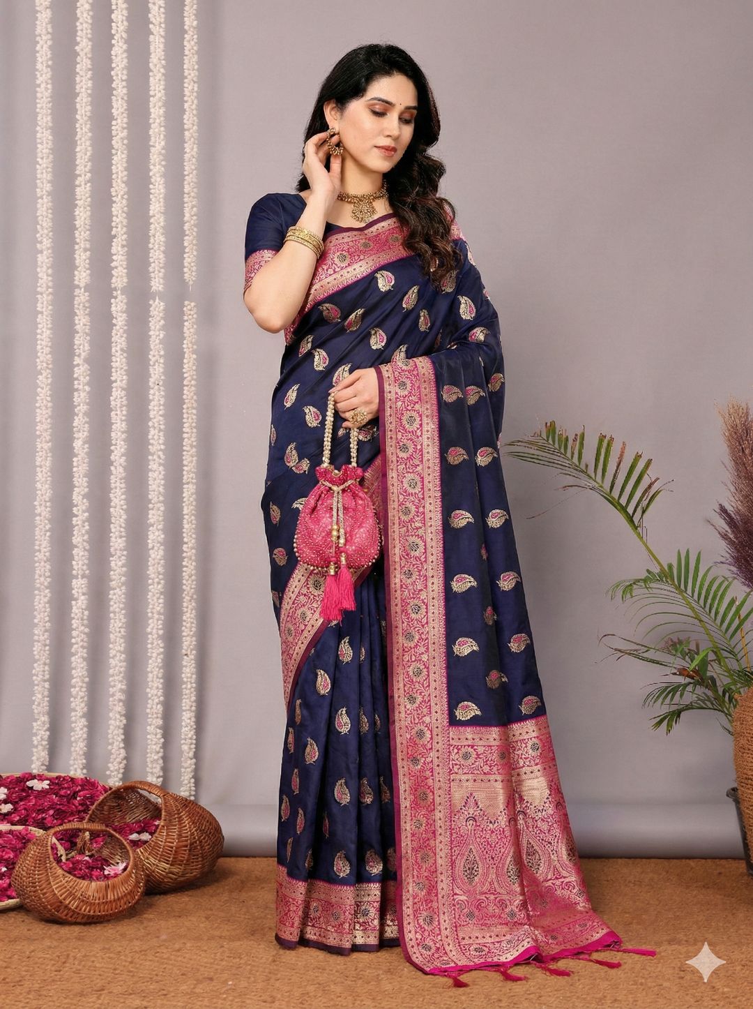 Navy Blue Banarasi Soft Silk Saree with Pink Gold Zari Border