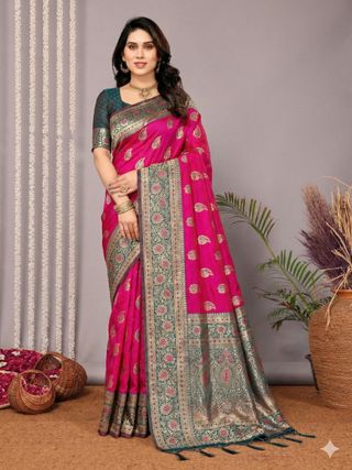 Rani Pink Banarasi Soft Silk Saree with Teal Gold Border