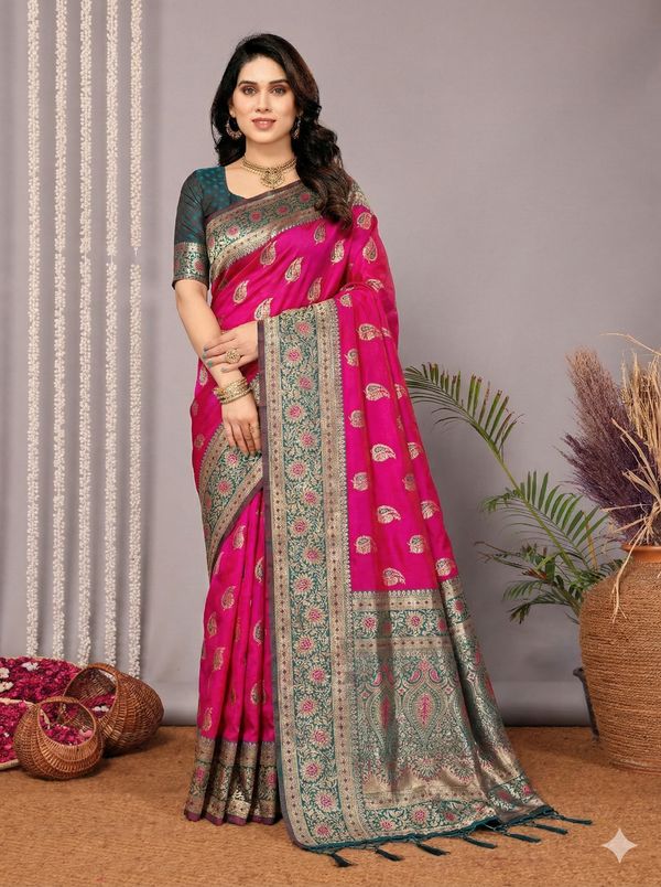 Rani Pink Banarasi Soft Silk Saree with Teal Gold Border