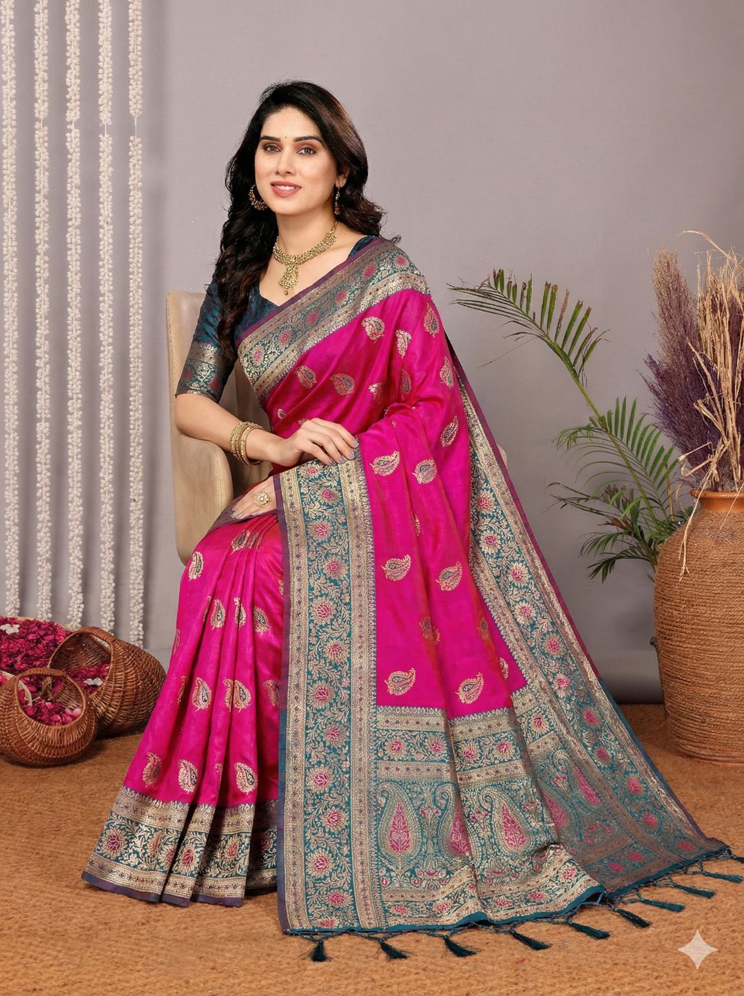 Rani Pink Banarasi Soft Silk Saree with Teal Gold Border