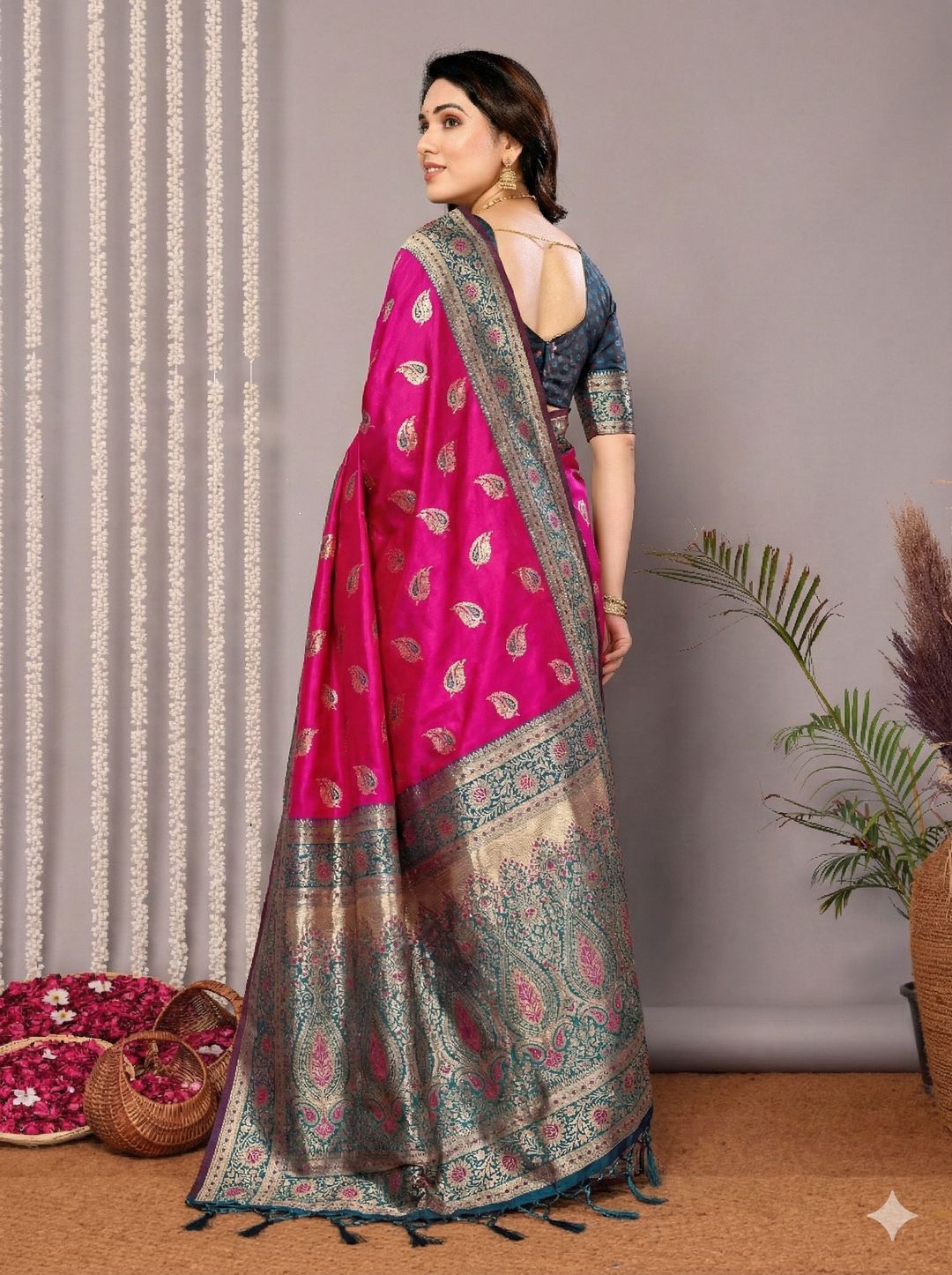 Rani Pink Banarasi Soft Silk Saree with Teal Gold Border