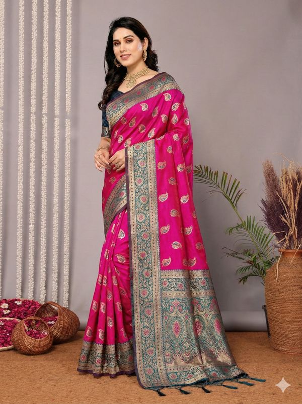 Rani Pink Banarasi Soft Silk Saree with Teal Gold Border