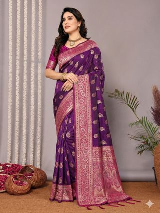 Purple Banarasi Soft Silk Saree with Pink Gold Jacquard Border