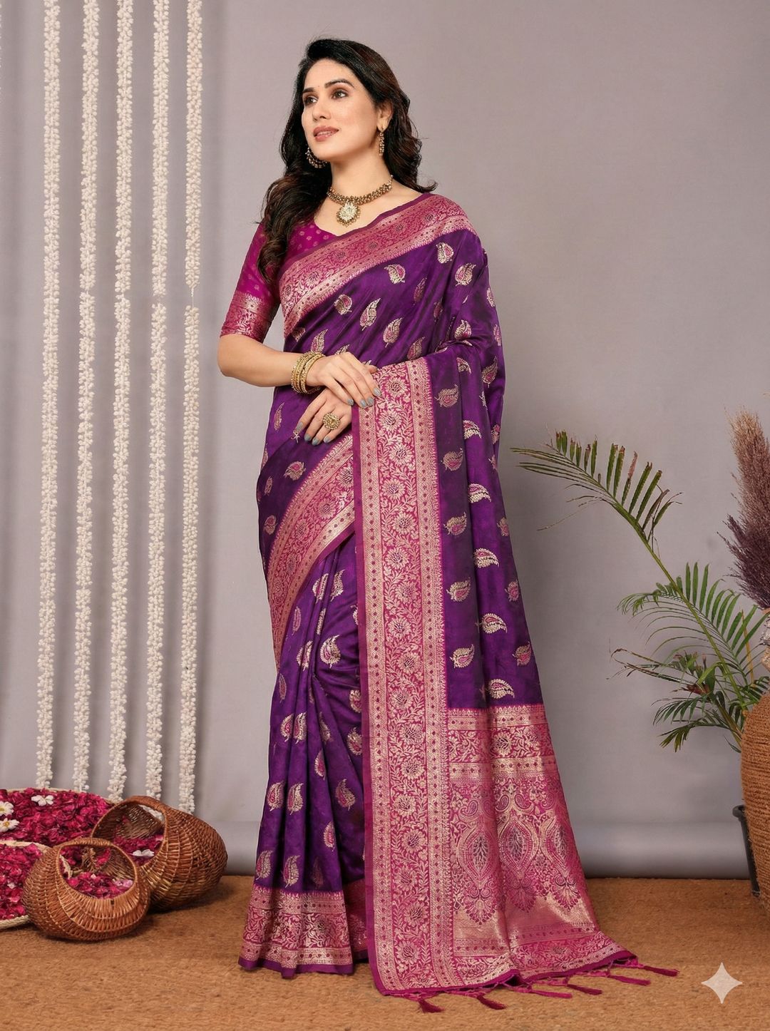 Purple Banarasi Soft Silk Saree with Pink Gold Jacquard Border