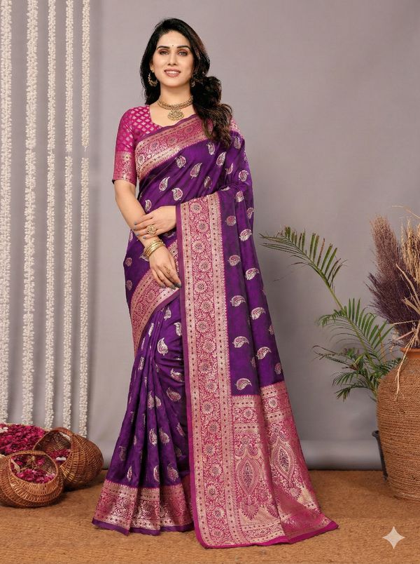Purple Banarasi Soft Silk Saree with Pink Gold Jacquard Border