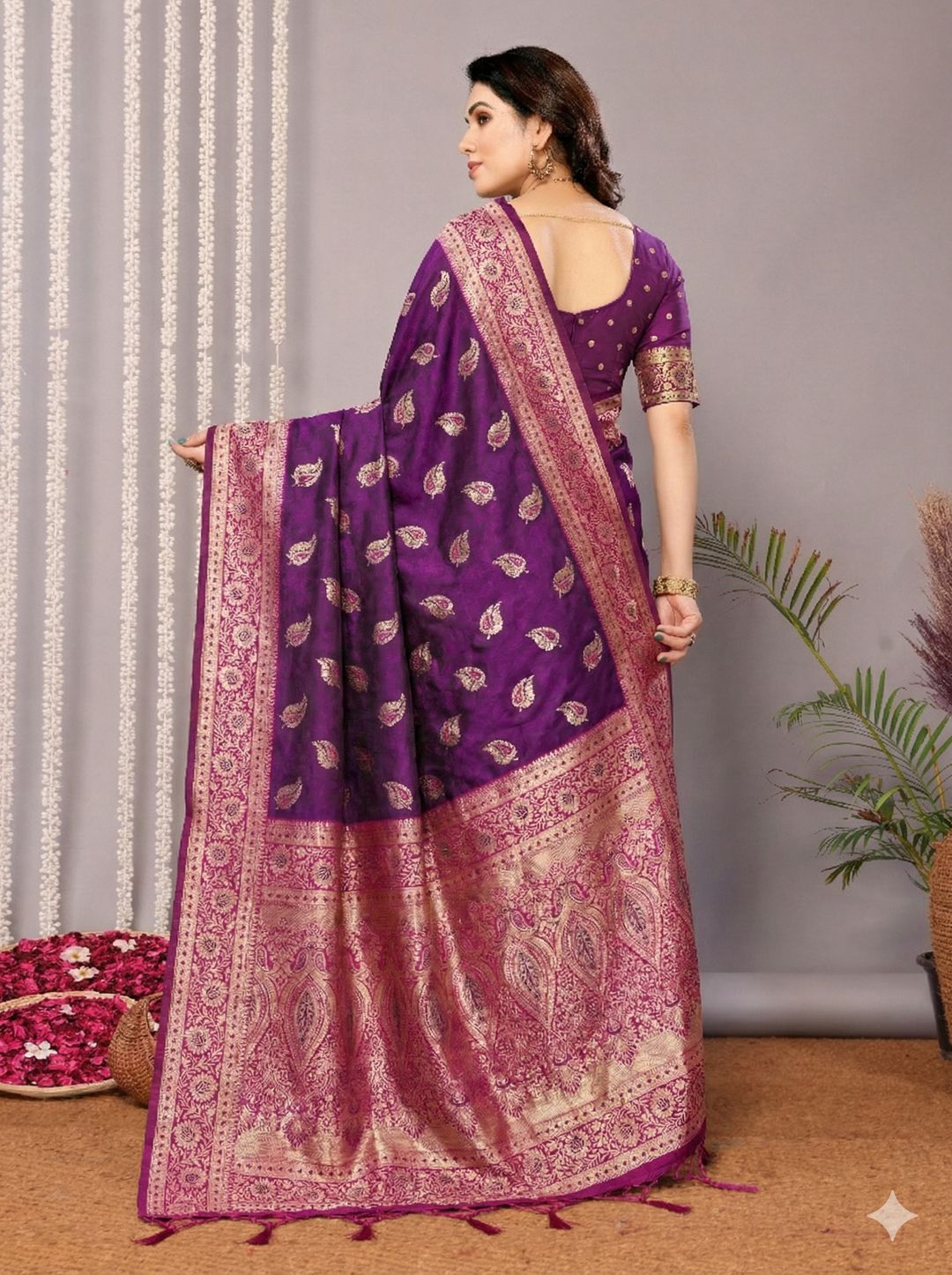 Purple Banarasi Soft Silk Saree with Pink Gold Jacquard Border