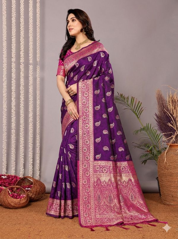 Purple Banarasi Soft Silk Saree with Pink Gold Jacquard Border