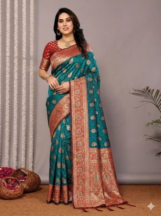 Teal Blue Banarasi Soft Silk Saree with Maroon Gold Zari Border