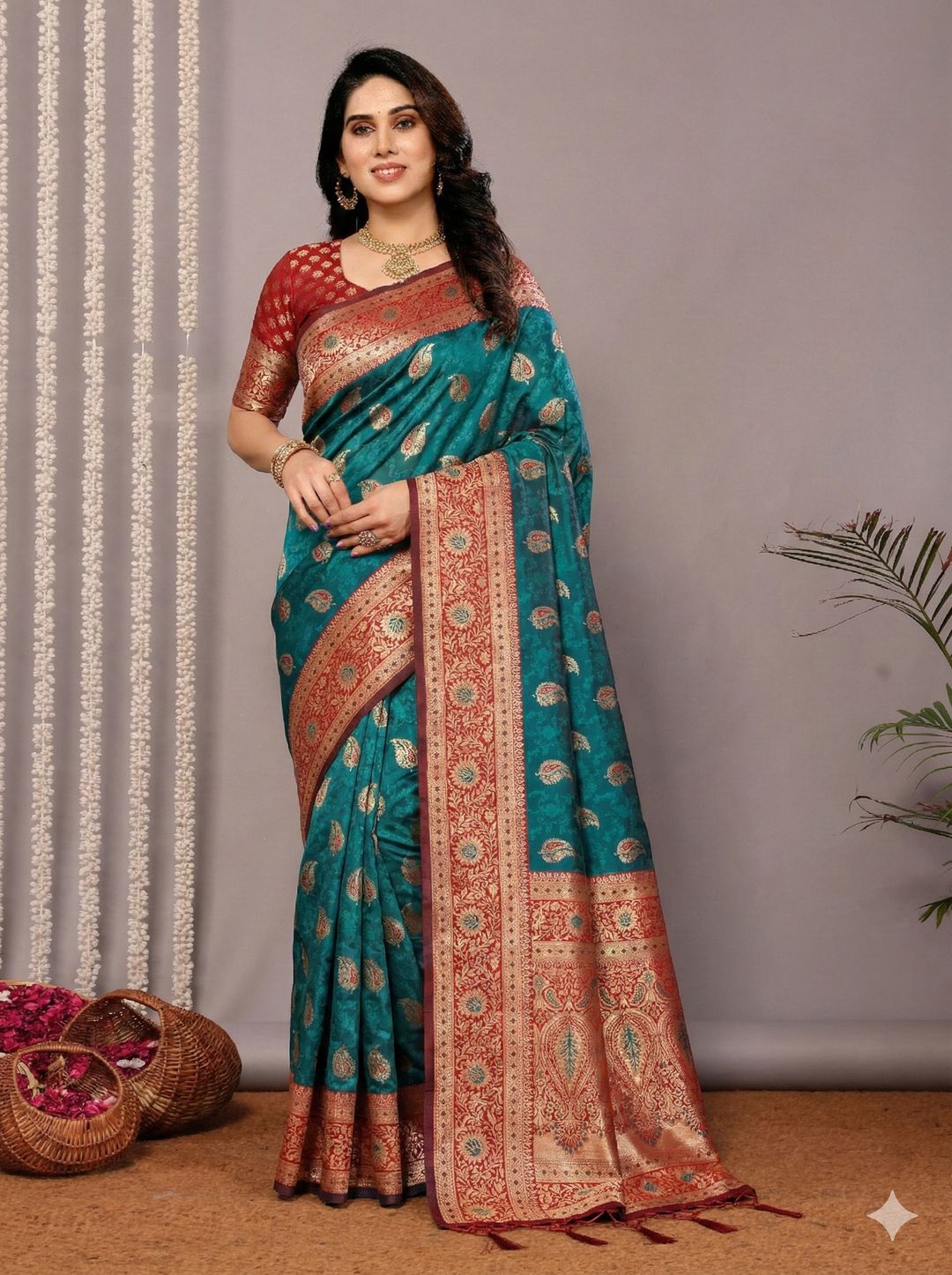 Teal Blue Banarasi Soft Silk Saree with Maroon Gold Zari Border
