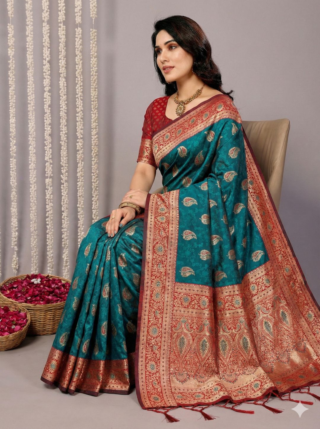 Teal Blue Banarasi Soft Silk Saree with Maroon Gold Zari Border