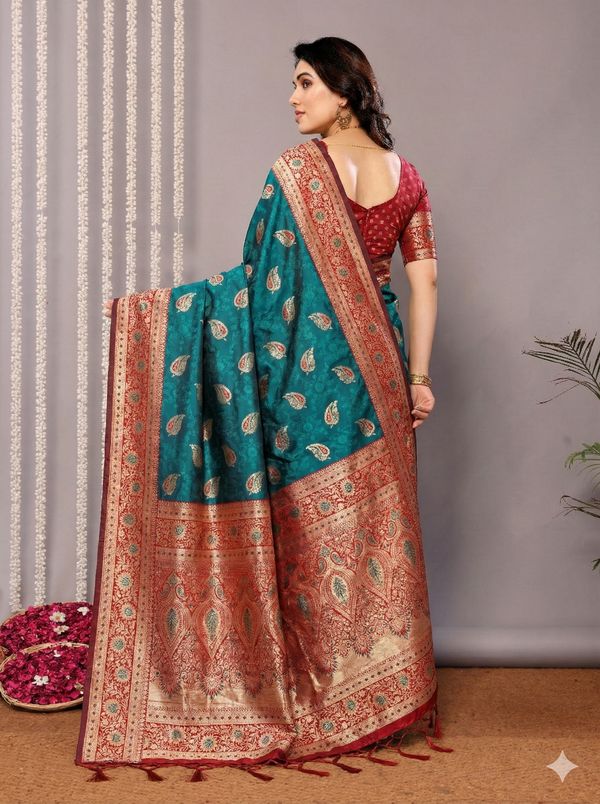 Teal Blue Banarasi Soft Silk Saree with Maroon Gold Zari Border